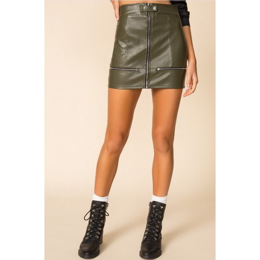 Revolve Superdown Janice Moto Mini Skirt Faux Leather Zip Front Green Womens S